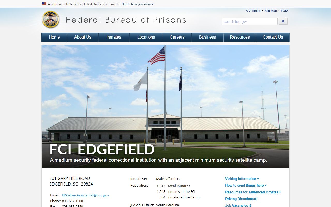 Edgefield County inmate population BOP FCI Edgefield facility page