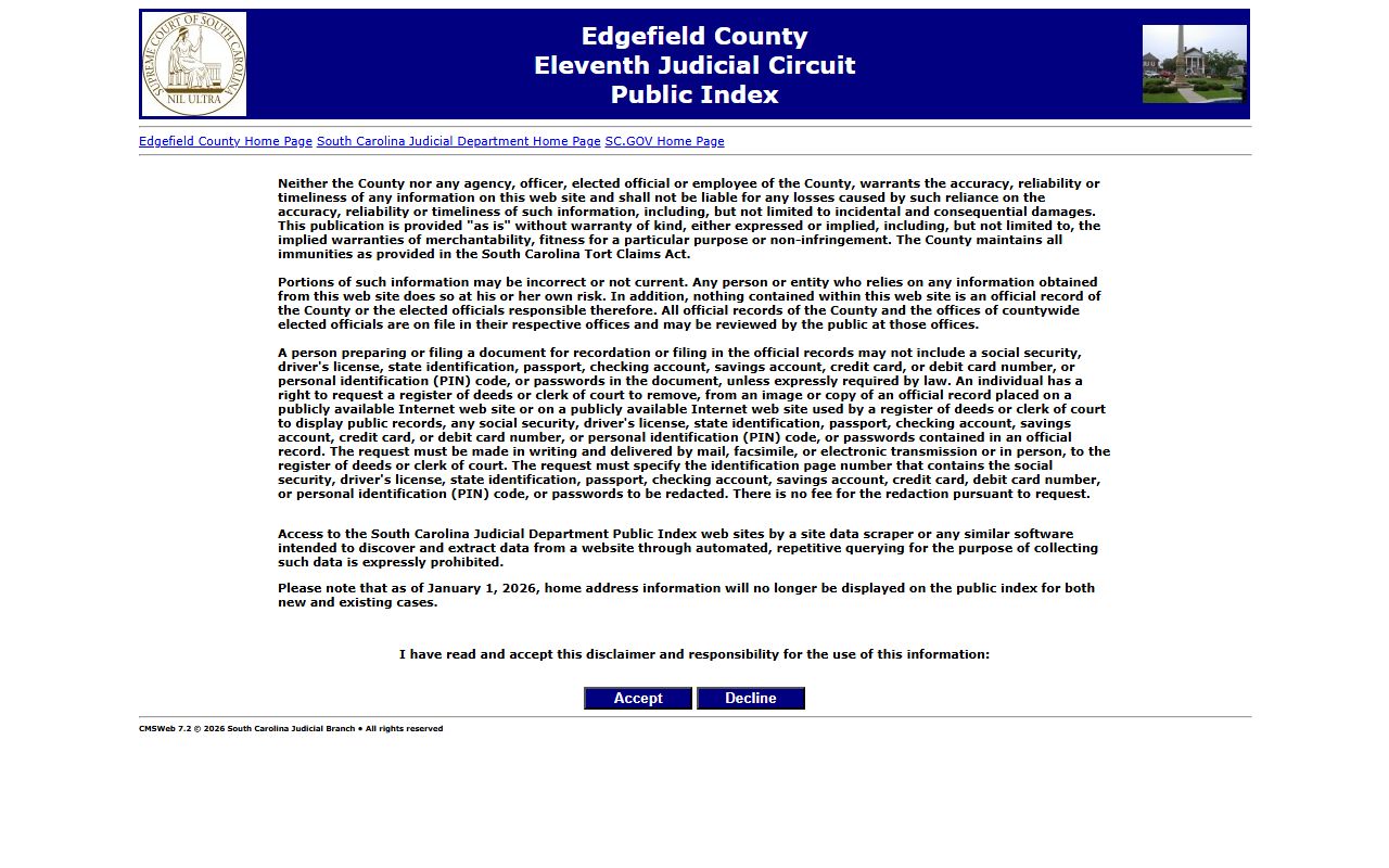 Edgefield County inmate records Public Index case search portal